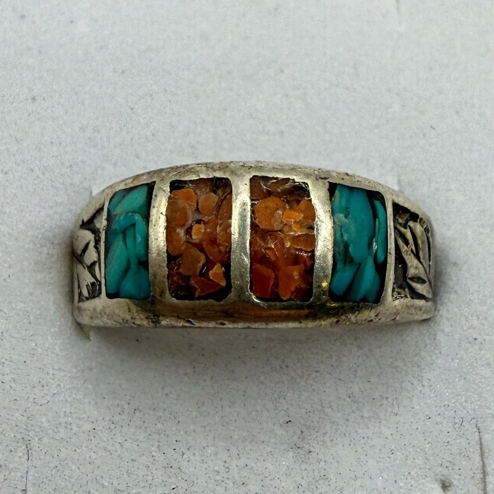 VTG Sterling Silver Turquoise Coral Inlay Native‎ American Ring Sz 8.25 Broken